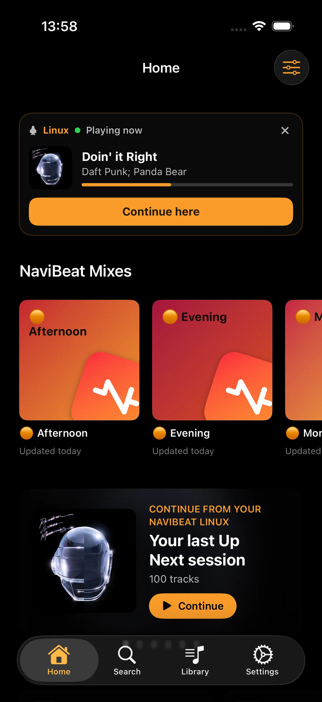 The Continue card at the top of NaviBeat's Home screen on iPhone, showing a track playing right now on another device with a Continue here button