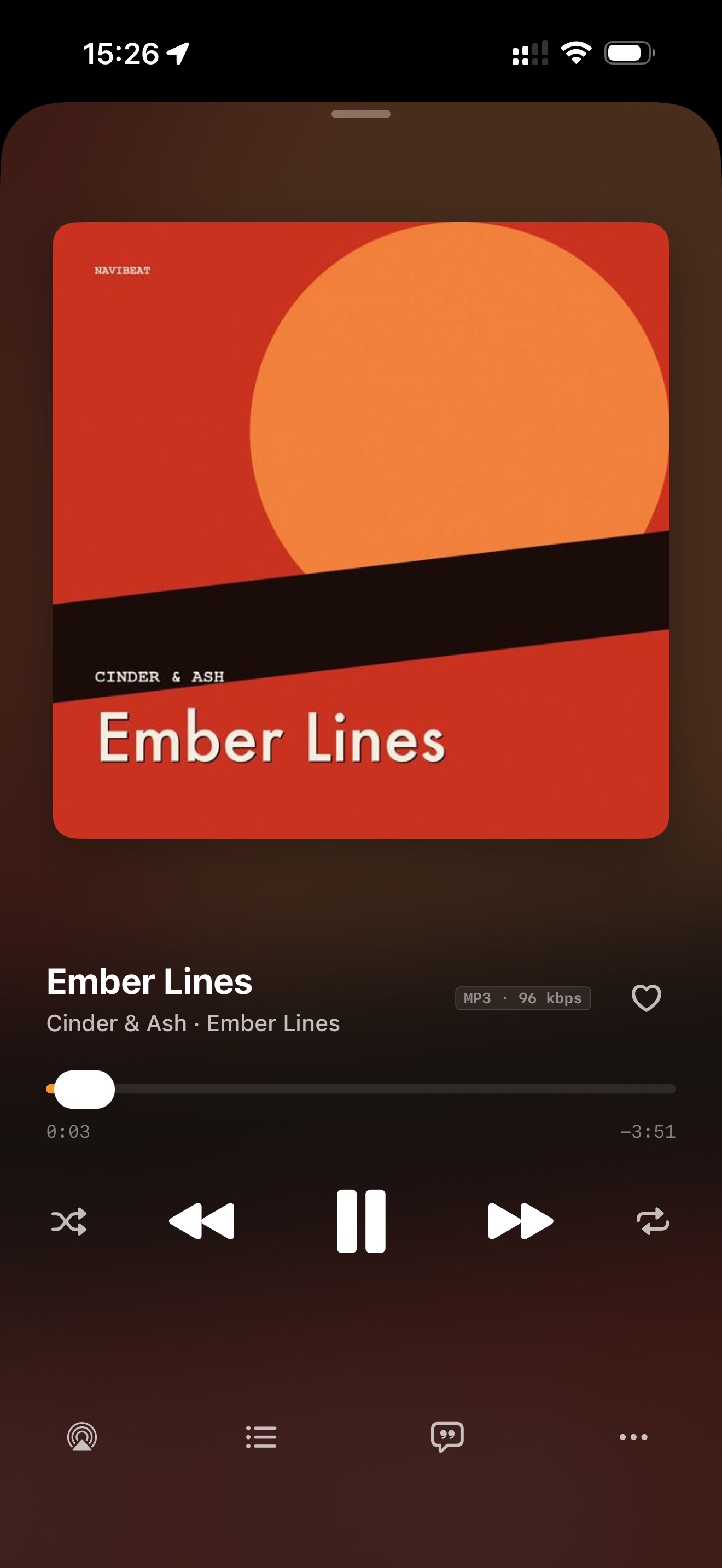 NaviBeat Now Playing full-screen on iPhone.