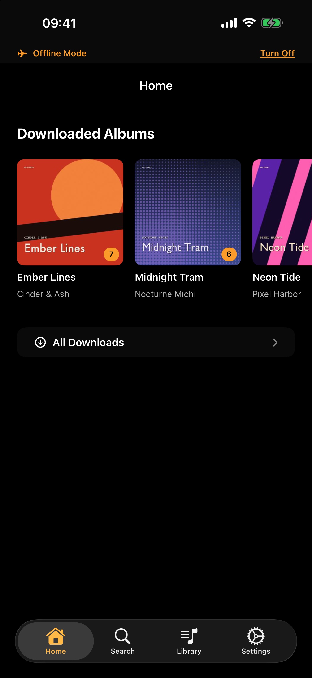 NaviBeat Home on iPhone in Offline Mode, with a Downloaded Albums shelf and an orange Offline Mode banner with a Turn Off toggle