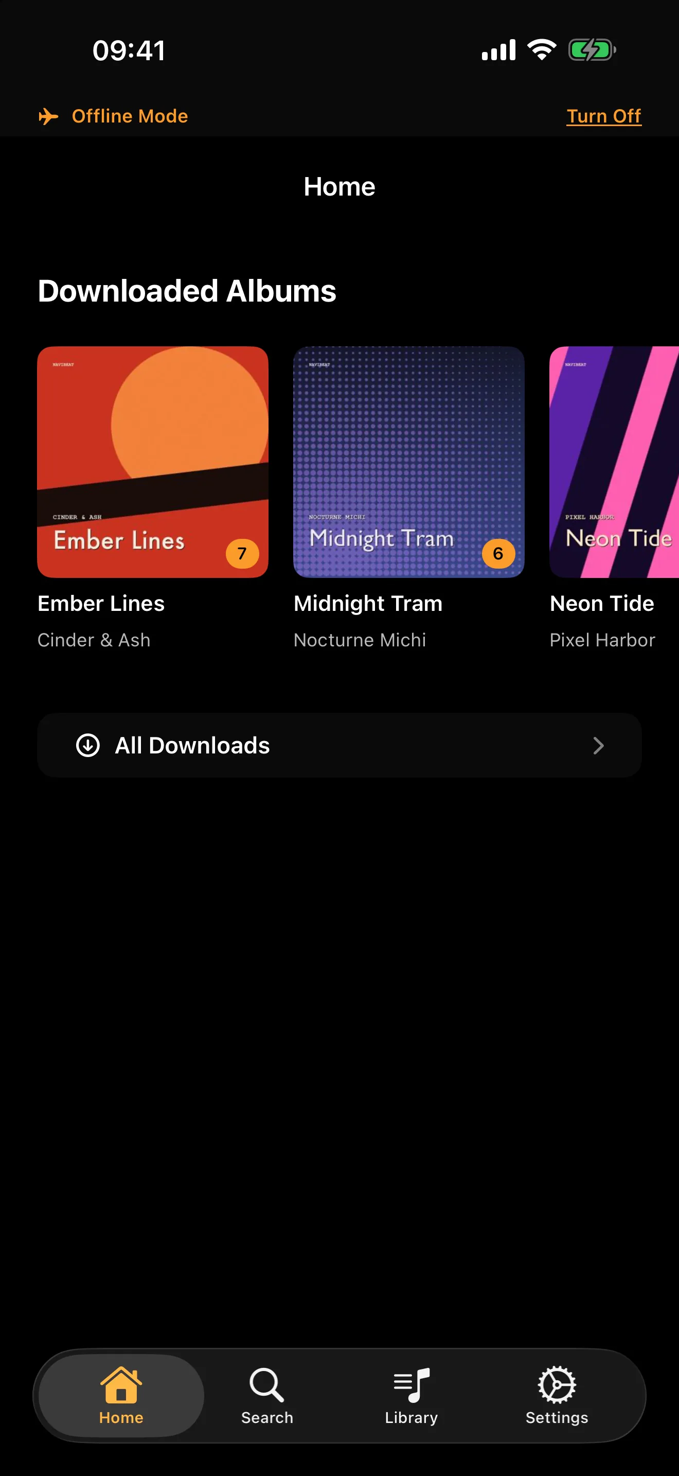 NaviBeat offline browsing on iPhone: the normal library with tracks that are not downloaded greyed out instead of hidden