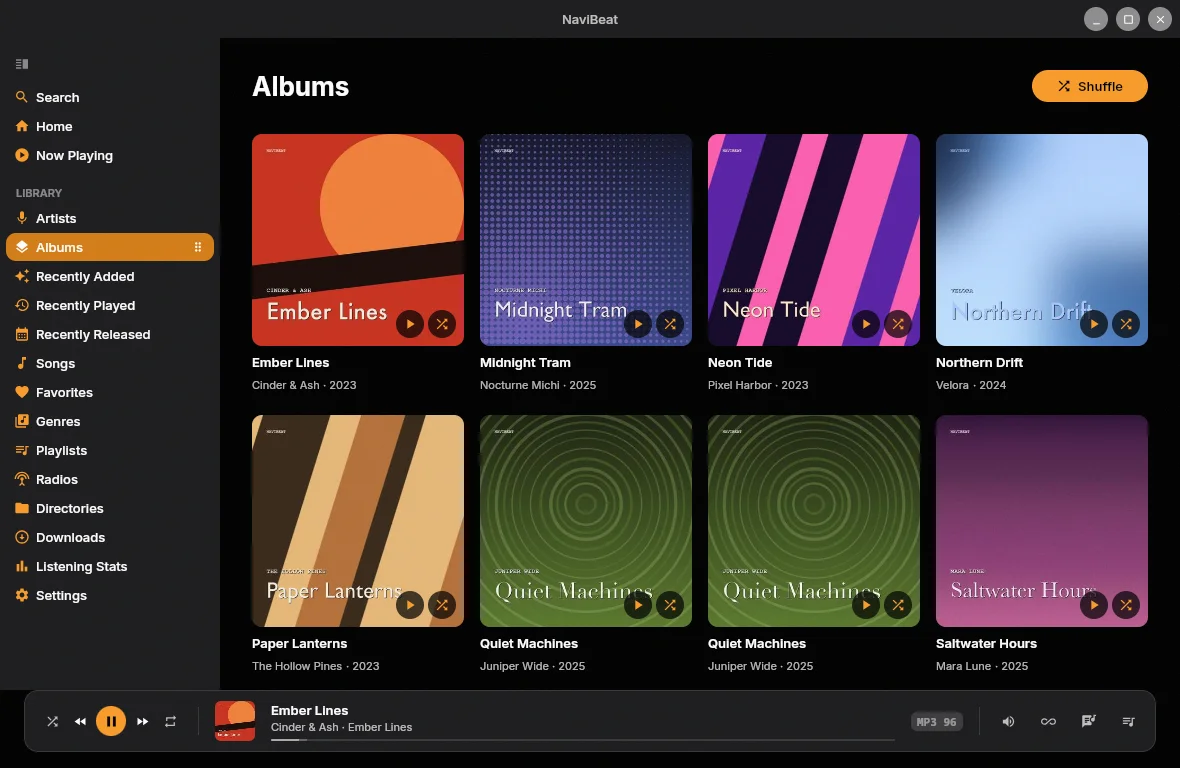 NaviBeat Albums grid on Linux with cover art, artist and year, and a now-playing bar