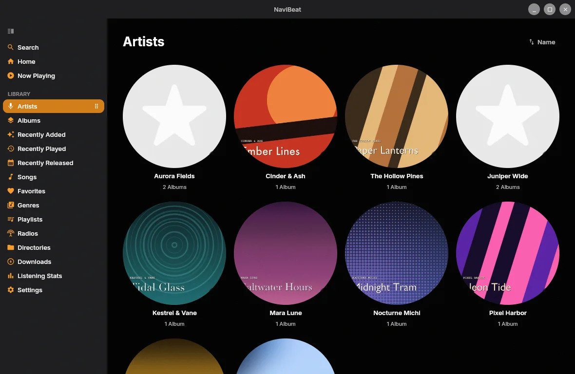 NaviBeat Artists view on Linux with circular artist images