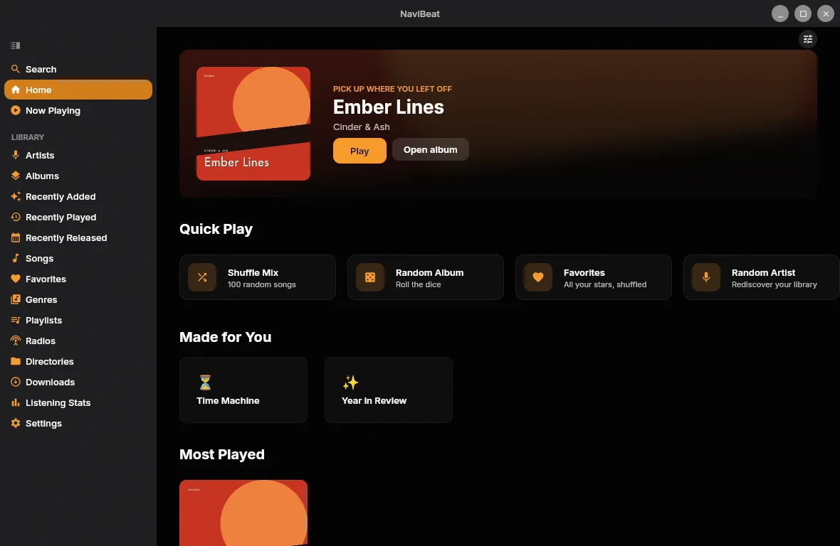 NaviBeat Home on Linux: native sidebar with Home, Artists, Albums, Playlists, Radio, Directories and a Featured Album hero section.