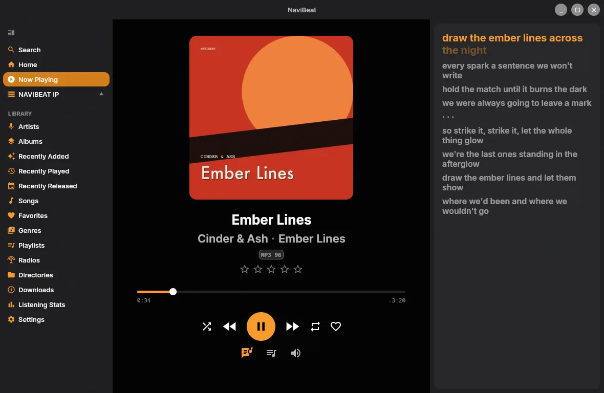 NaviBeat on Linux showing the Now Playing screen with a time-synced lyrics panel