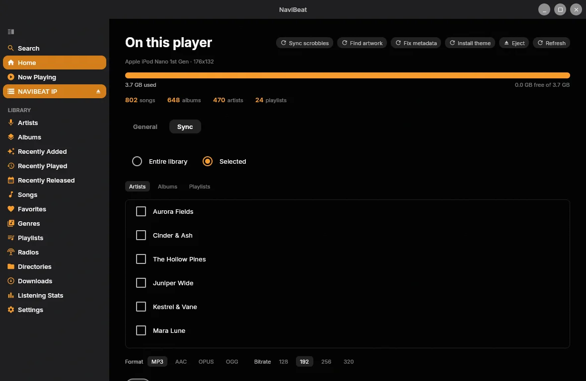 NaviBeat NaviSyncRock sync screen on Linux: choose entire library or selected artists, and a transcode format and bitrate