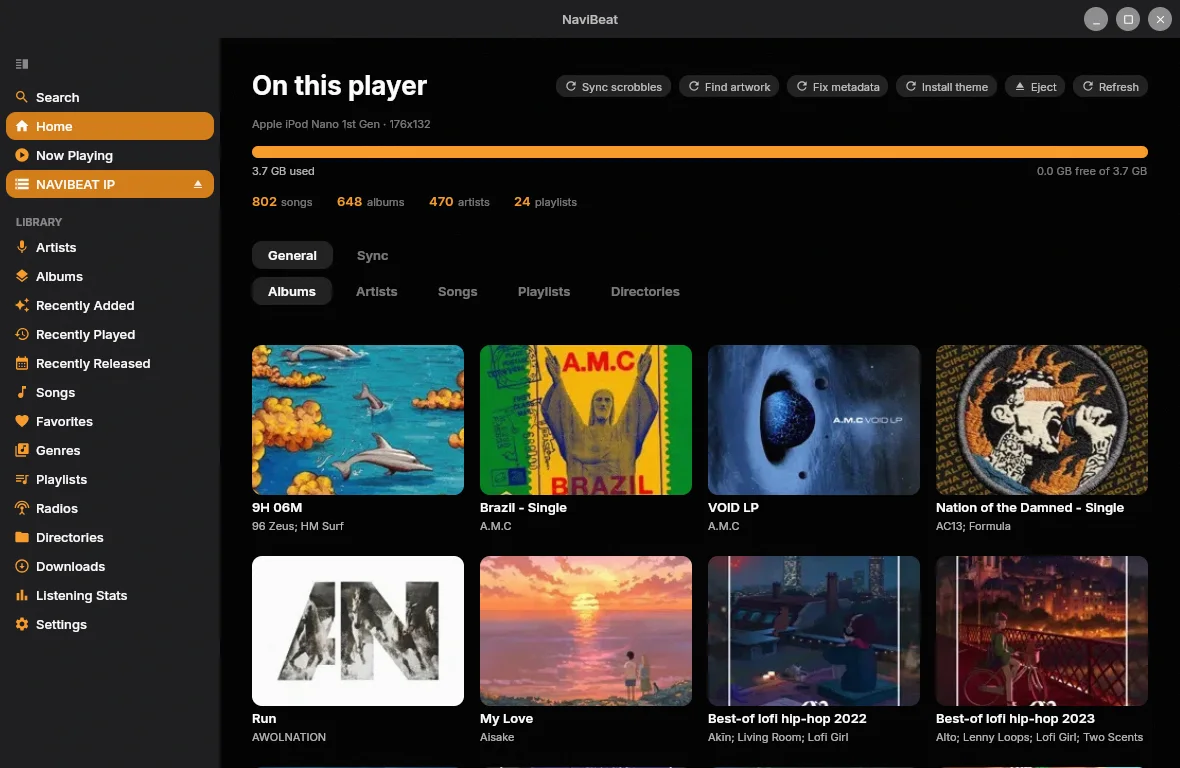 NaviBeat NaviSyncRock device page on Linux