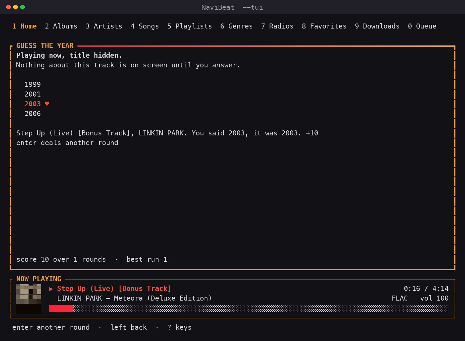 NaviBeat terminal client: Guess the Year, a hidden track playing with four candidate years to choose from and a running score