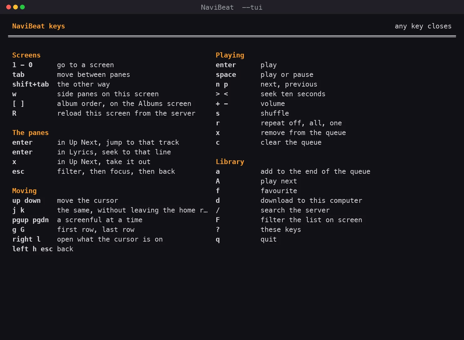 NaviBeat terminal client key map: screens on the number keys, j and k to move, enter to play, slash to search, question mark for help