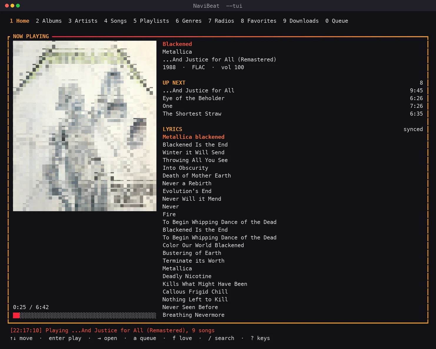 NaviBeat terminal client Now Playing: a large album cover drawn in terminal cells on the left, the track, artist, album and year beside it, then Up Next and time-synced lyrics