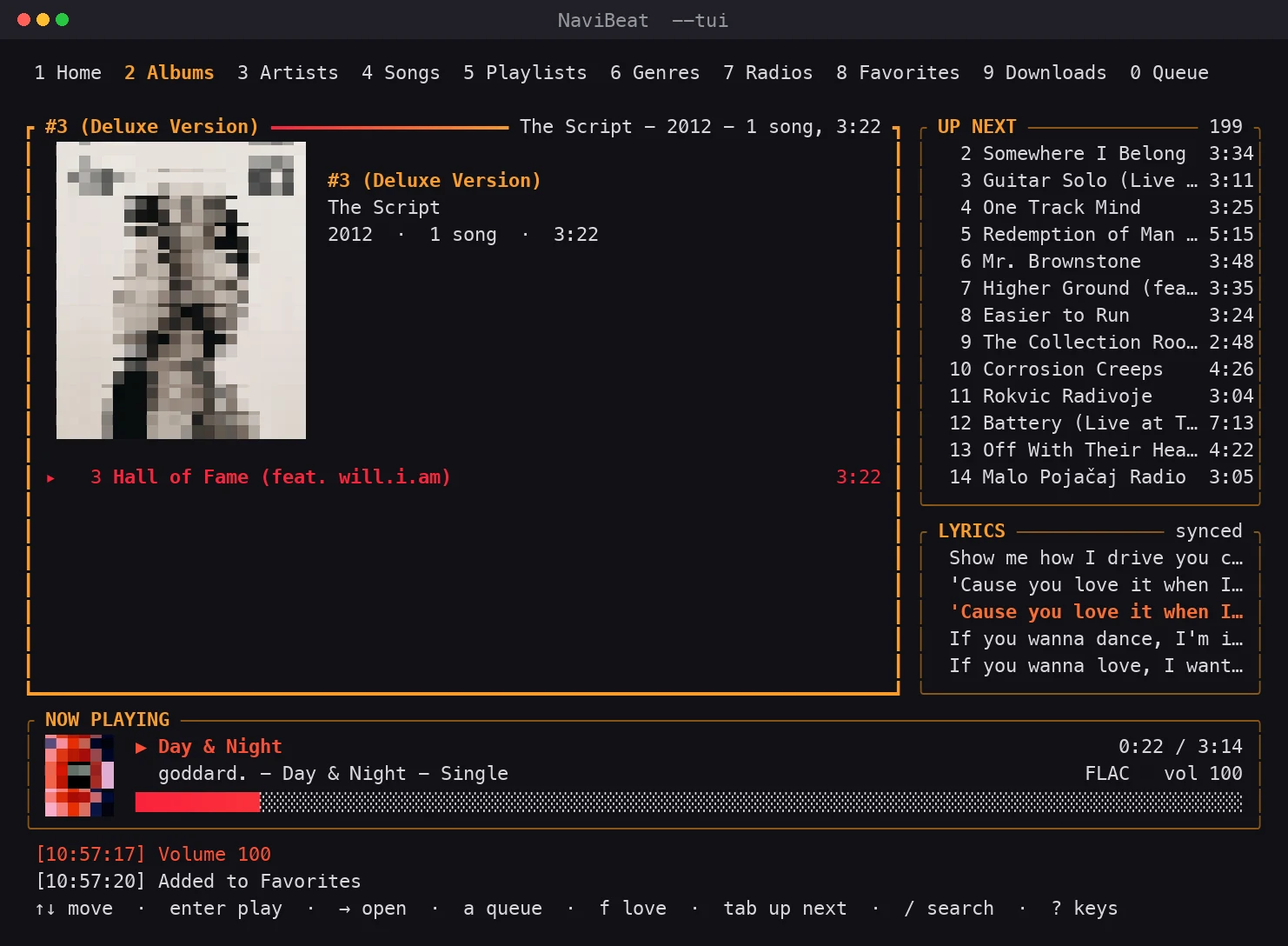 NaviBeat terminal client on Linux: an album list on the left in its own framed section, Up Next and time-synced lyrics on the right, and a framed now playing bar with cover art and a gradient progress bar