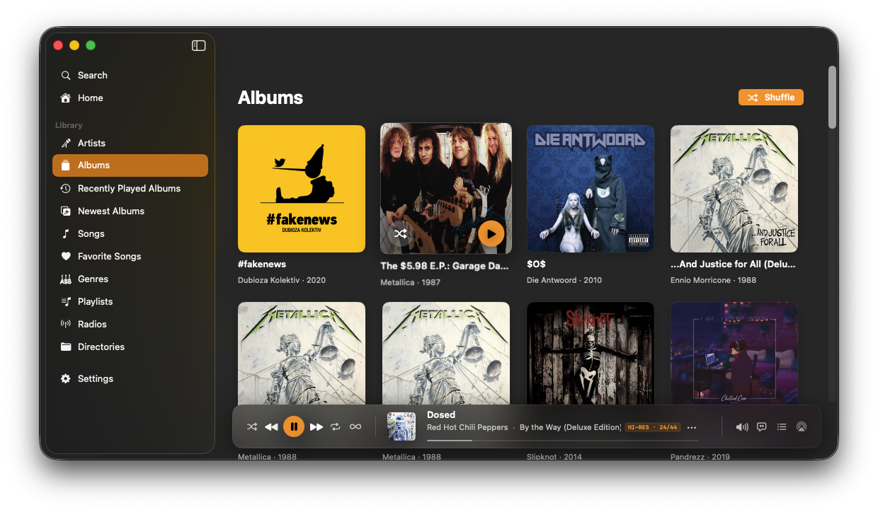 NaviBeat Mac Albums view with a scrolling grid of cover art, New badges on newest additions, sidebar filter, and a persistent player bar at the bottom.