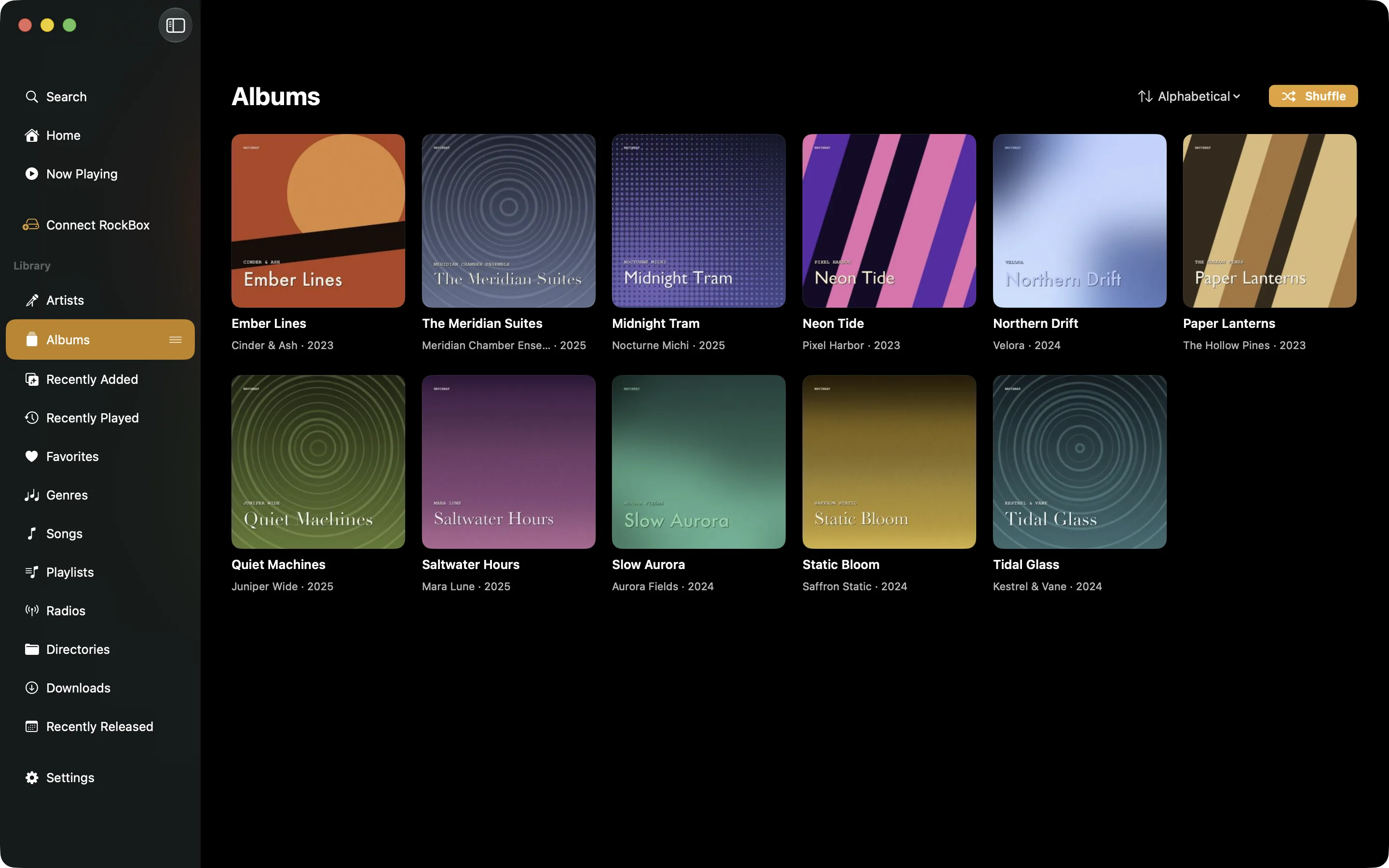 NaviBeat Albums grid on Mac with cover art, artist and year