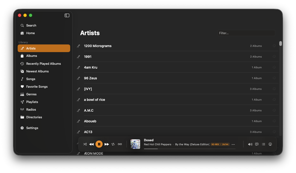 NaviBeat Mac Artists list: searchable table of every artist with album counts, keyboard-navigable, with a Filter field at the top-right.