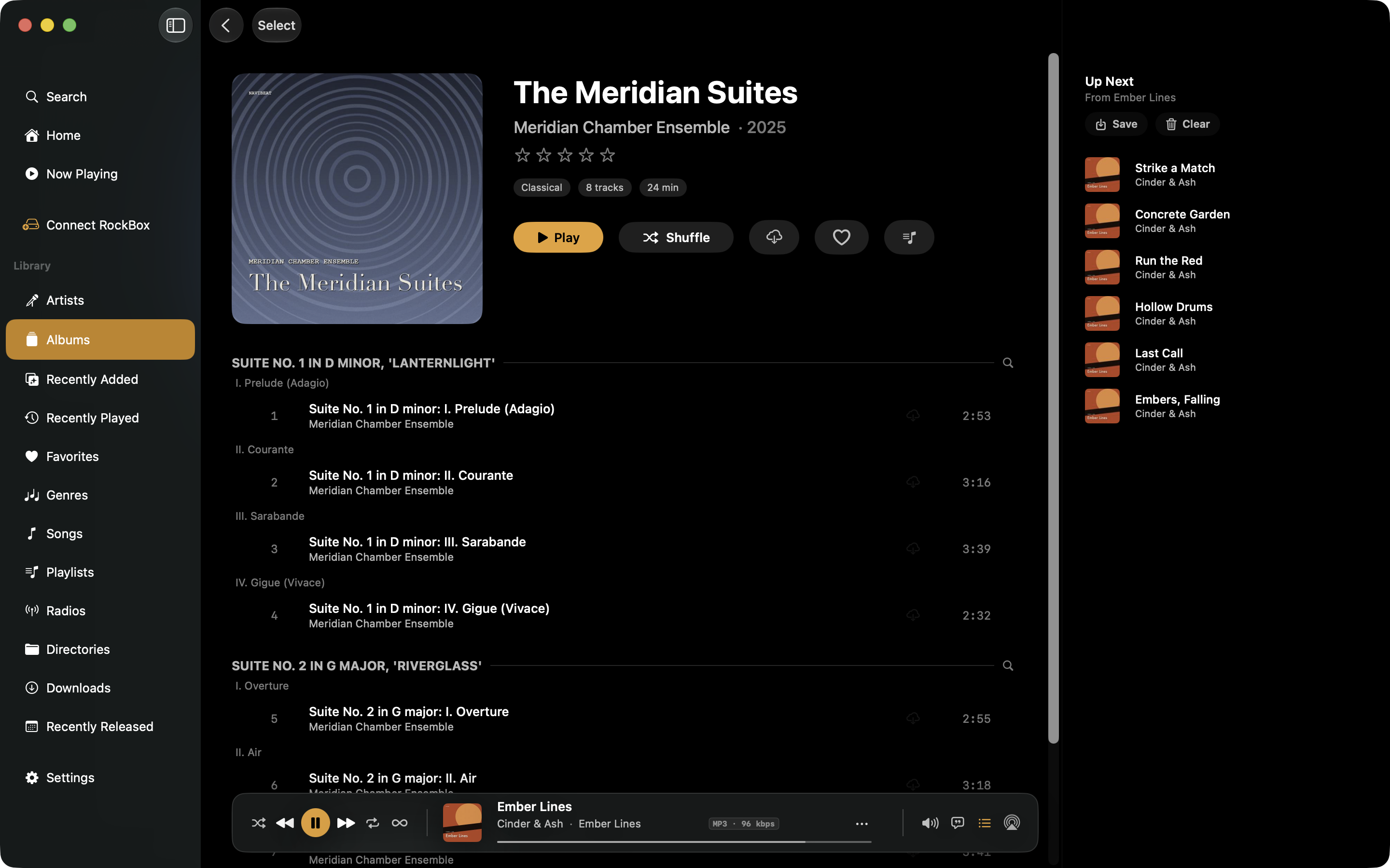 NaviBeat on Mac showing The Meridian Suites grouped by work, with Suite No. 1 in D minor and Suite No. 2 in G major each listing their movements in order