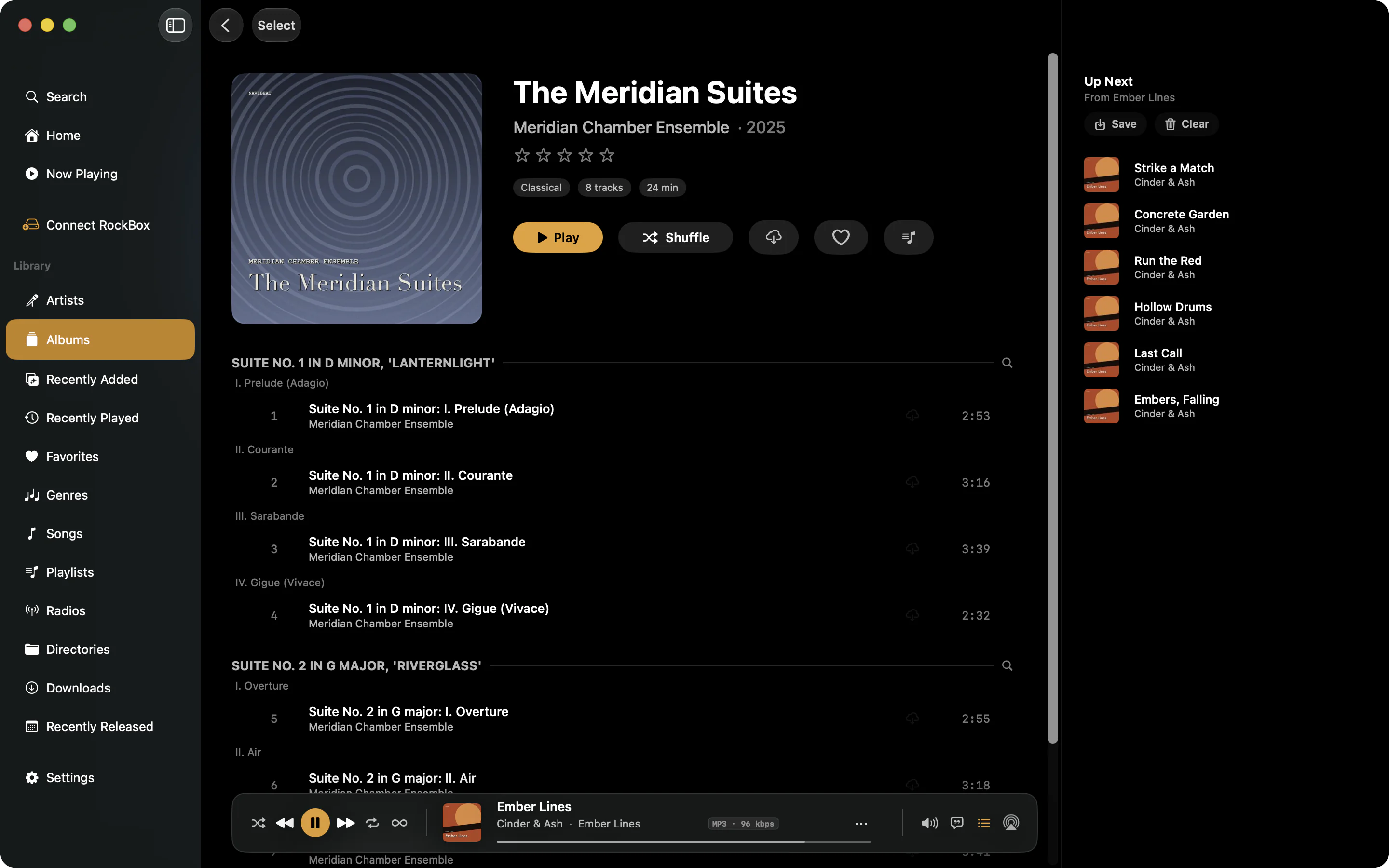NaviBeat on Mac showing The Meridian Suites grouped by work, with Suite No. 1 in D minor and Suite No. 2 in G major each listing their movements in order
