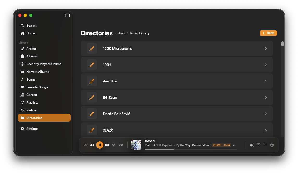 NaviBeat Mac Directories browser: a Finder-style list navigating into Music / Music Library with artist folders (1200 Micrograms, 1991, 4am Kru, 96 Zeus, Đorđe Balašević, 刘允文) and breadcrumb navigation.