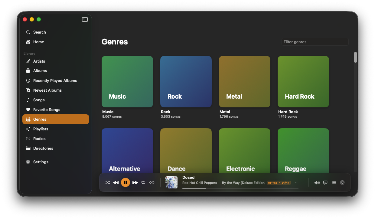 NaviBeat Mac Genres view: color-gradient mood cards for Music, Rock, Metal, Hard Rock, Alternative, Dance, Electronic, Reggae, each with a song count.