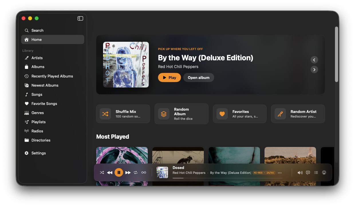 NaviBeat running on Mac: native SwiftUI Navidrome and Subsonic client for macOS with sidebar Home, Artists, Albums, Playlists, Radio, Directories and a Featured Album hero.