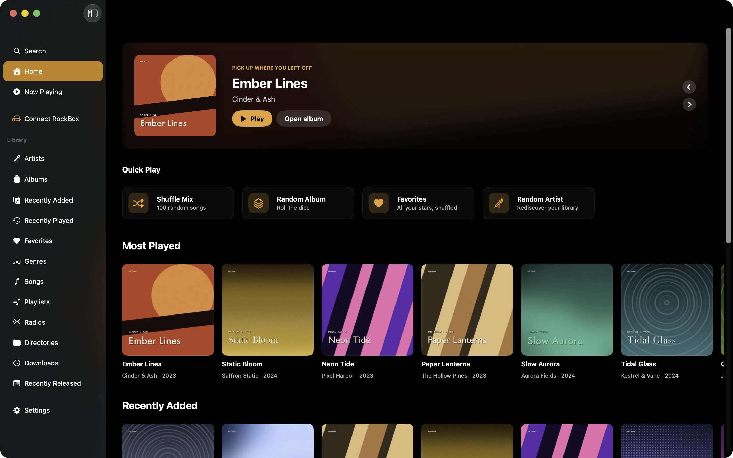 NaviBeat on Mac: native SwiftUI sidebar with Home, Artists, Albums, Playlists, Radio, Directories and Featured Album hero.
