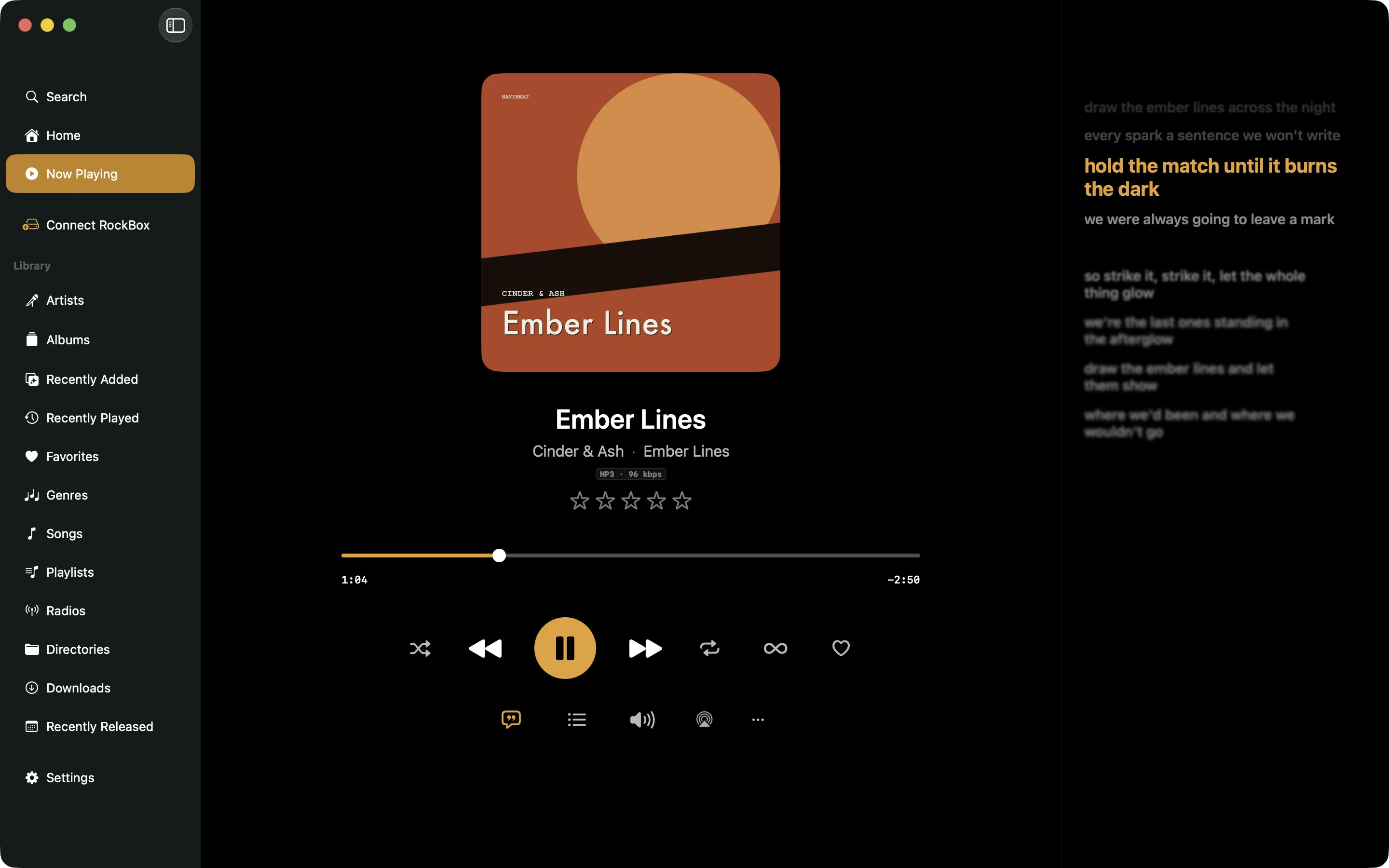 NaviBeat lyrics panel on Mac showing time-synced lyrics alongside the main library