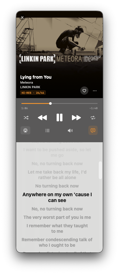 NaviBeat Mini Player with the Lyrics drawer expanded: time-synced lyrics for Linkin Park's Lying from You with past lines faded, current line 'Anywhere on my own ‘cause I can see' highlighted in white, upcoming lines dim.