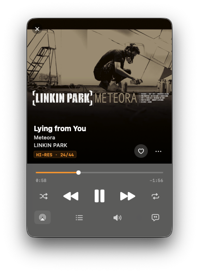 NaviBeat Mini Player: compact window with edge-to-edge cover art of Linkin Park's Meteora, track title Lying from You, HI-RES and 24/44 badges, scrubbing slider at 0:58 of 1:56, shuffle/prev/play/next/repeat transport, and AirPlay / queue / volume / lyrics buttons.