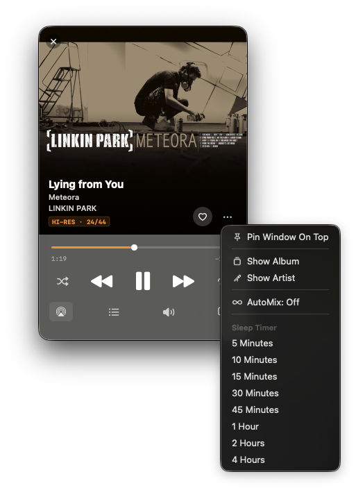 NaviBeat Mini Player right-click context menu open: Pin Window On Top, Show Album, Show Artist, AutoMix Off, and a Sleep Timer submenu with 5, 10, 15, 30, 45 minutes, 1, 2, 4 hours options.