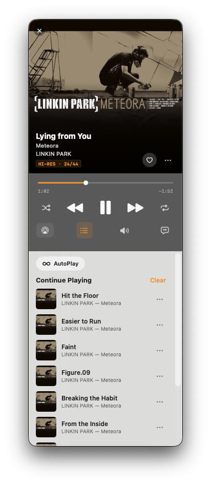 NaviBeat Mini Player with the Up Next drawer expanded: AutoPlay toggle, Continue Playing list showing Hit the Floor, Easier to Run, Faint, Figure.09, Breaking the Habit, From the Inside — all from Linkin Park's Meteora.