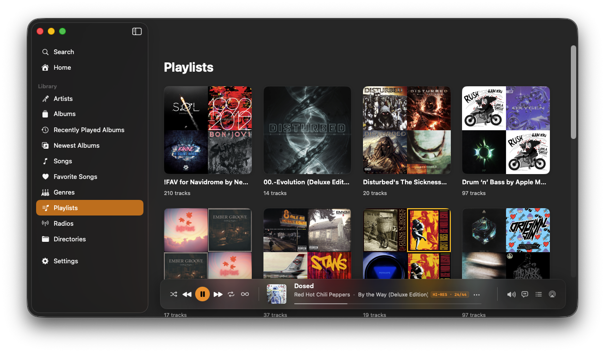 NaviBeat Mac Playlists view with a grid of user-made and server-synced playlists, each with a 4-up collage cover and song count.