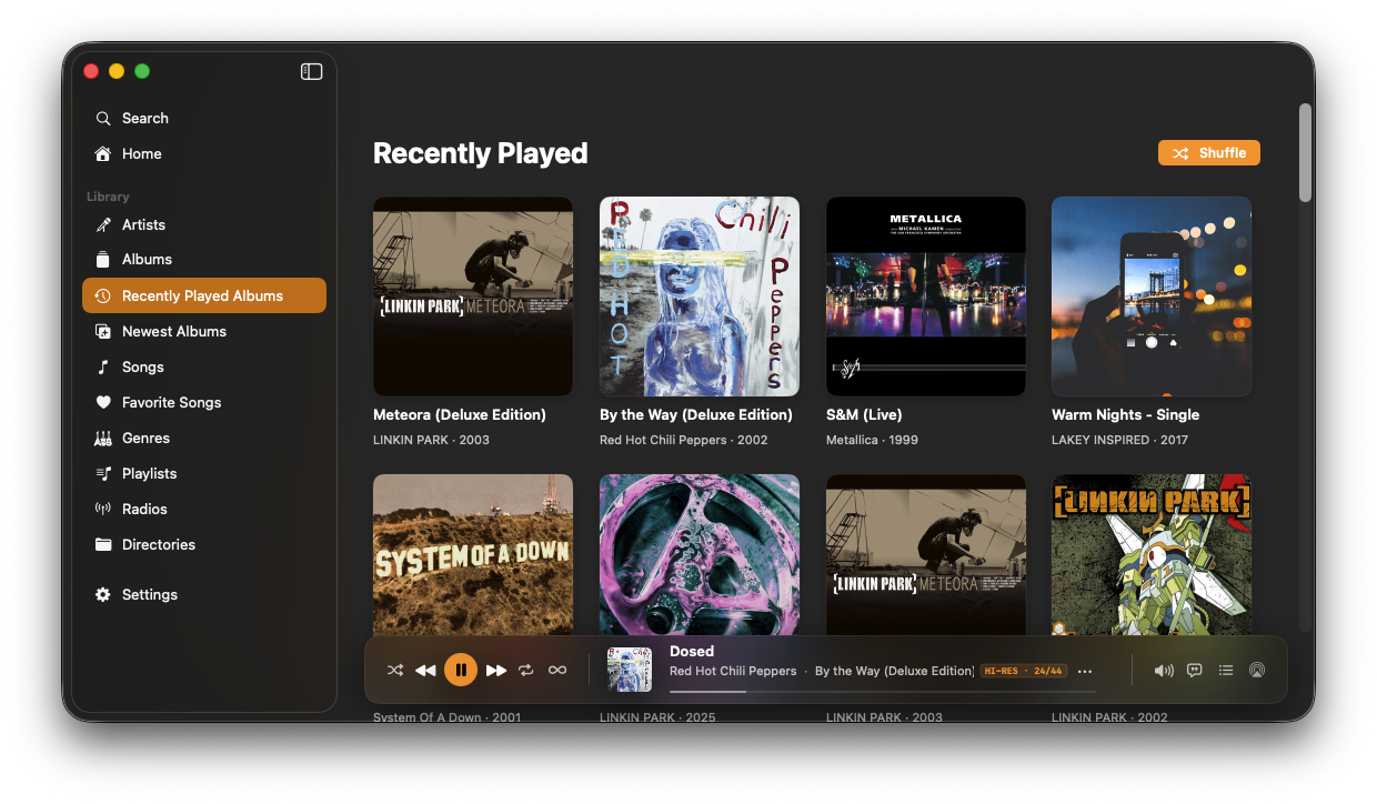 NaviBeat Mac Recently Played Albums view: grid of recently listened albums including Meteora Deluxe Edition, By the Way Deluxe, O&M (Live), Warm Nights, System of a Down.