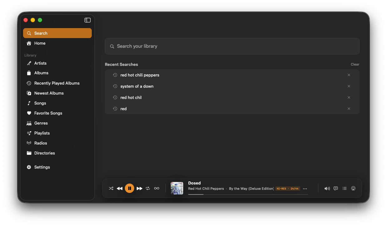 NaviBeat Mac Search: full-window search field with Recent Searches (red hot chili peppers, system of a down, red hot chil, red) and a Clear button.