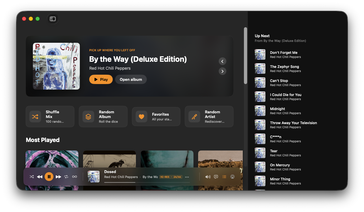 NaviBeat Mac Standard Player with the Up Next queue panel docked to the right side listing upcoming tracks from By the Way by Red Hot Chili Peppers while the main library browser stays visible.