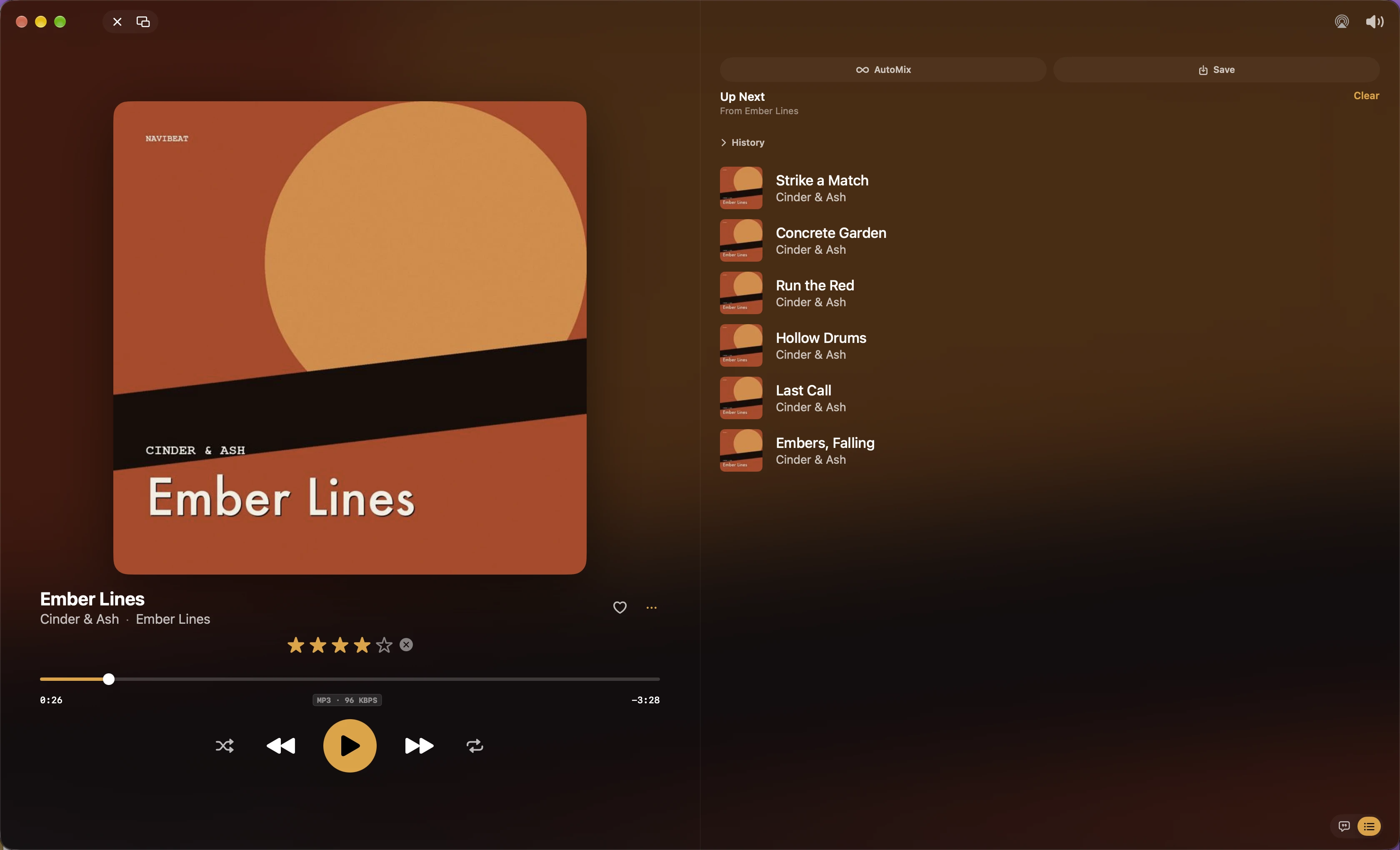 NaviBeat album on Mac with the Up Next queue as a floating card over the track list, and the mini player along the bottom