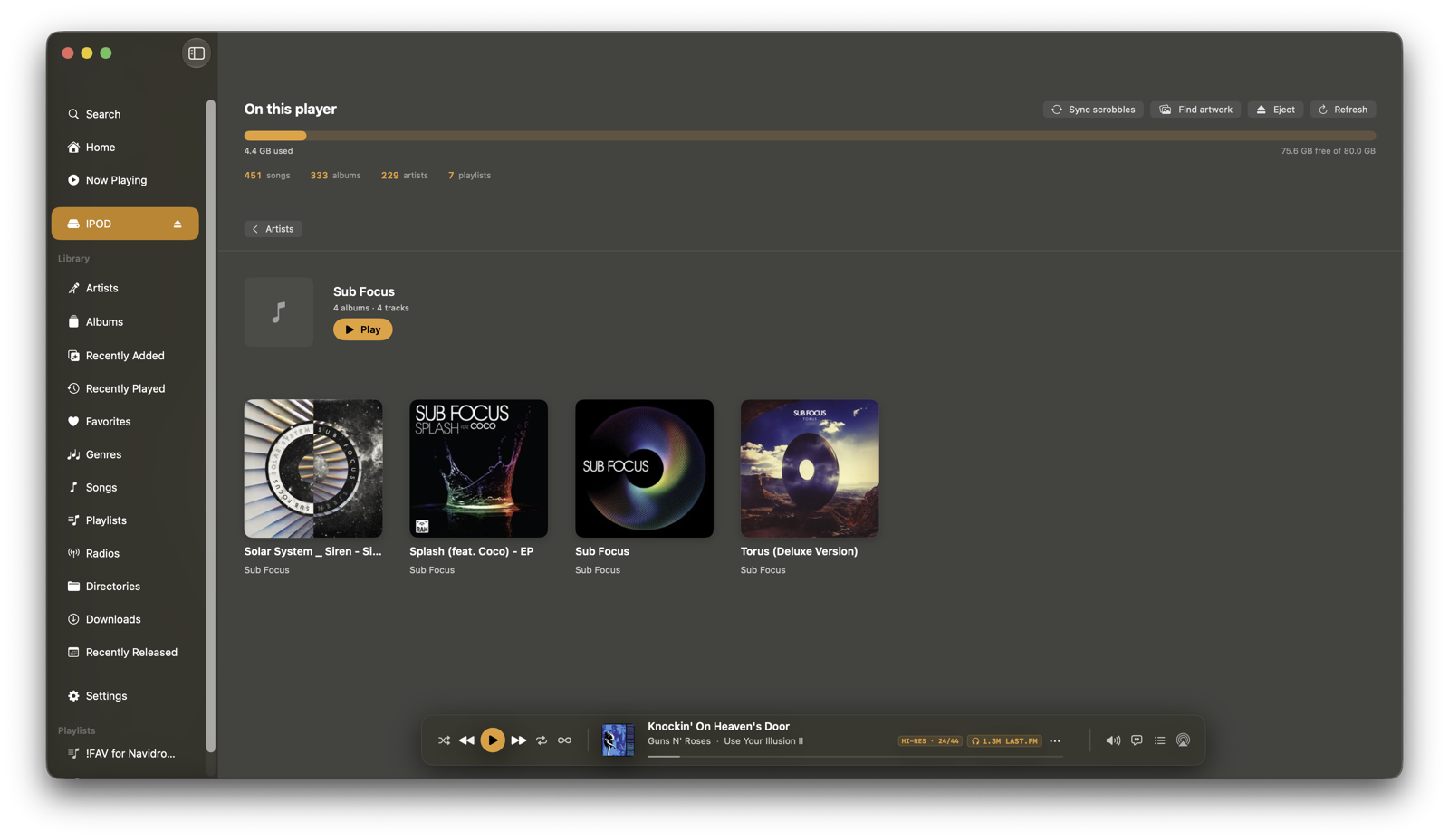 The Sub Focus artist page inside On this player: four Sub Focus albums with their cover art and a Play button.