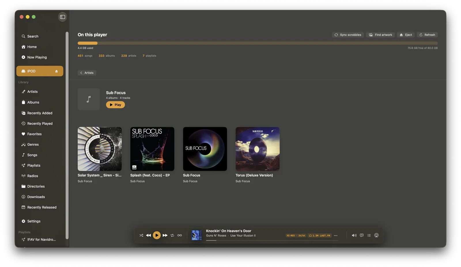 The Sub Focus artist page inside On this player: four Sub Focus albums with their cover art and a Play button.