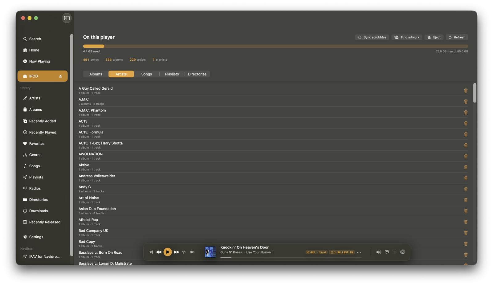 The Artists tab: a list of every artist on the player with album and track counts.