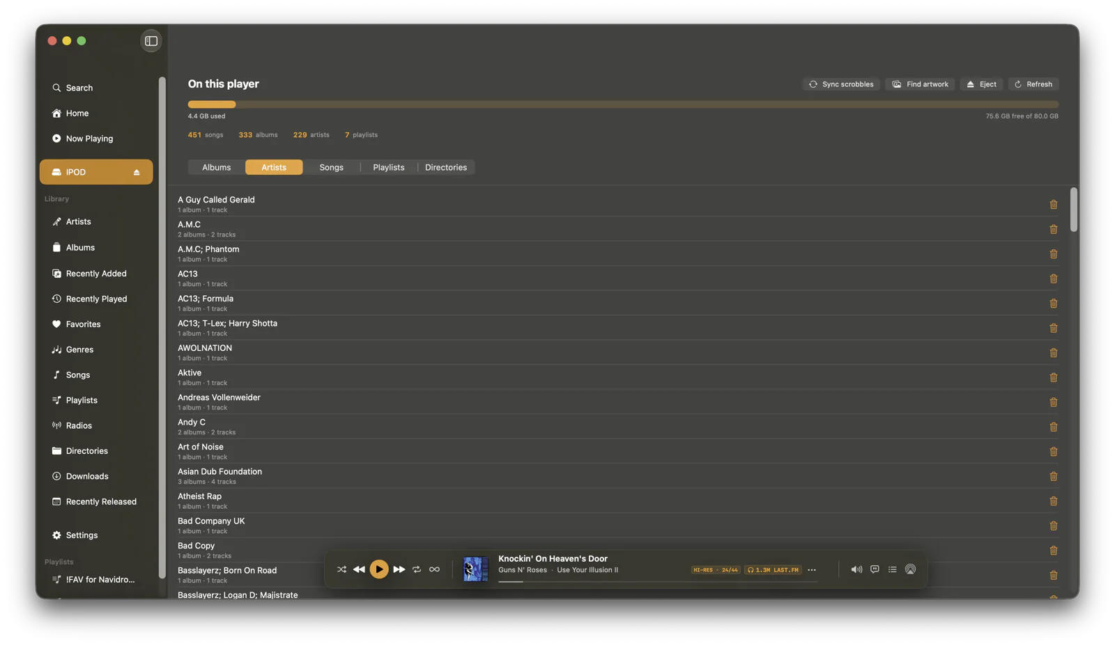 The Artists tab: a list of every artist on the player with album and track counts.