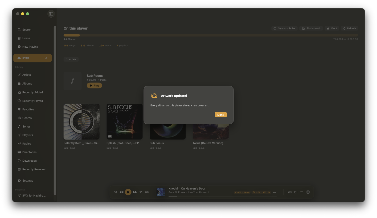 The Artwork updated dialog after scanning the player for albums missing cover art.