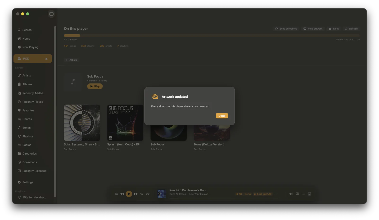 The Artwork updated dialog after scanning the player for albums missing cover art.