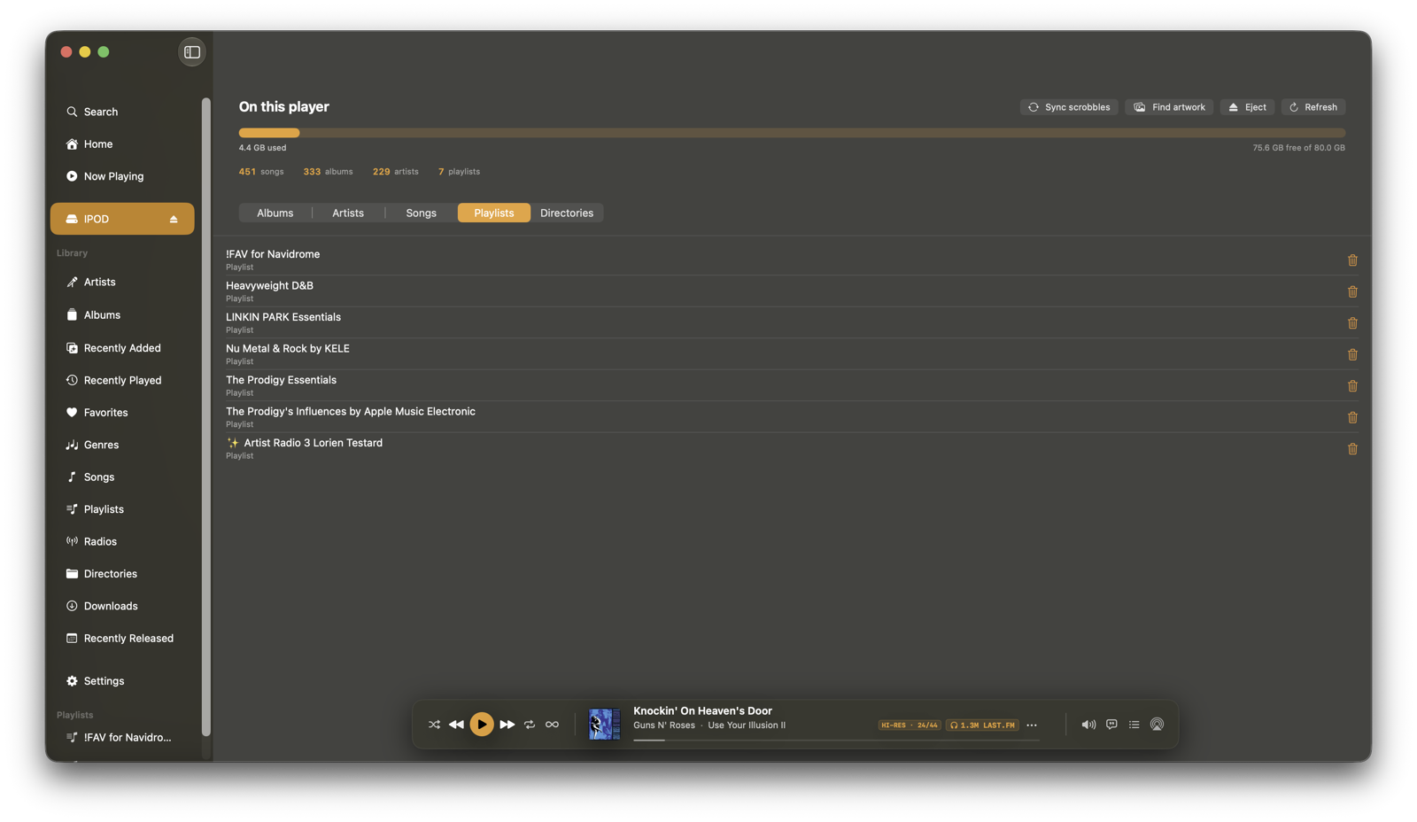 The Playlists tab: the playlists that live on the connected player.