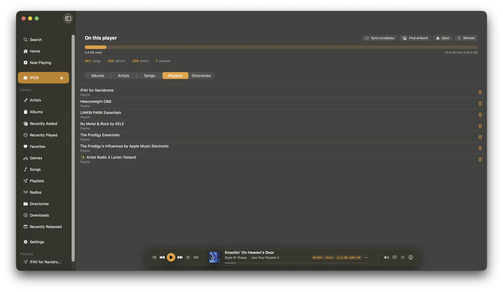 The Playlists tab: the playlists that live on the connected player.
