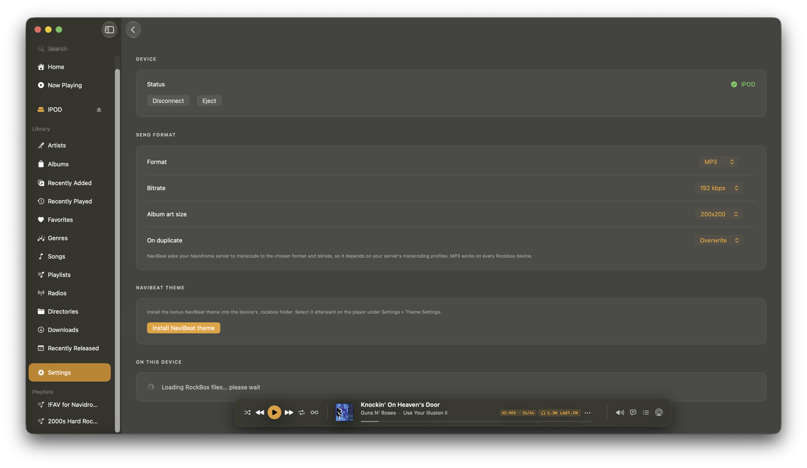 The NaviSyncRock settings: send format MP3, bitrate 192 kbps, album art size 200 by 200, duplicate handling, and an Install NaviBeat theme button.