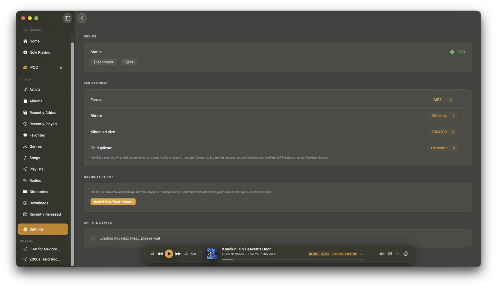 The NaviSyncRock settings: send format MP3, bitrate 192 kbps, album art size 200 by 200, duplicate handling, and an Install NaviBeat theme button.