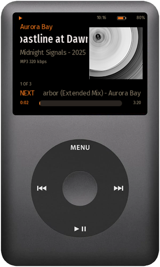 A black iPod Classic running Rockbox with the NaviBeat theme: Aurora Bay, Coastline at Dawn, album art, the next track, and a copper scrubber.