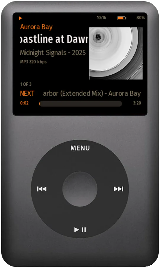 A black iPod Classic running Rockbox with the NaviBeat theme: Aurora Bay, Coastline at Dawn, album art, the next track, and a copper scrubber.