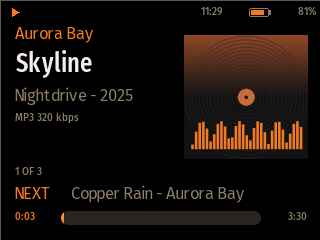 The clean NaviBeat theme: album art, track, artist, album and year, MP3 320 kbps, next track, and a copper scrubber.