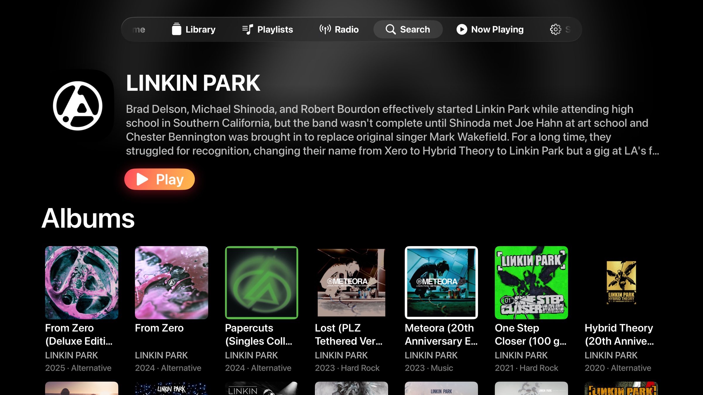 NaviBeat artist detail screen on Apple TV showing Linkin Park with a Last.fm biography, Play button, and full album grid from 2020-2025.