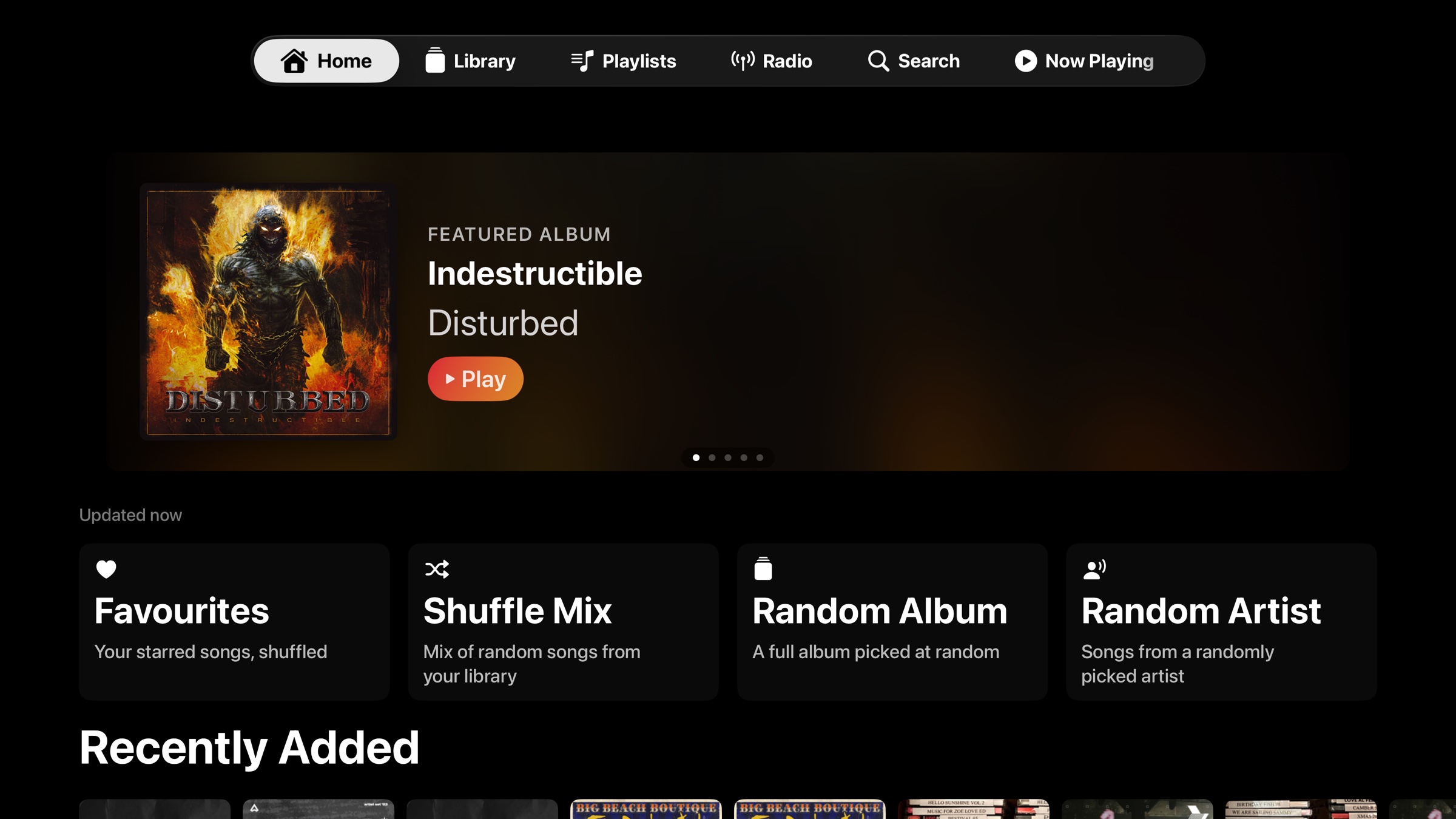 NaviBeat running on Apple TV 4K: Home screen with Featured Album hero, Quick Play shelf (Favourites, Shuffle Mix, Random Album, Random Artist) and Recently Added row — a native Navidrome and Subsonic client for tvOS.