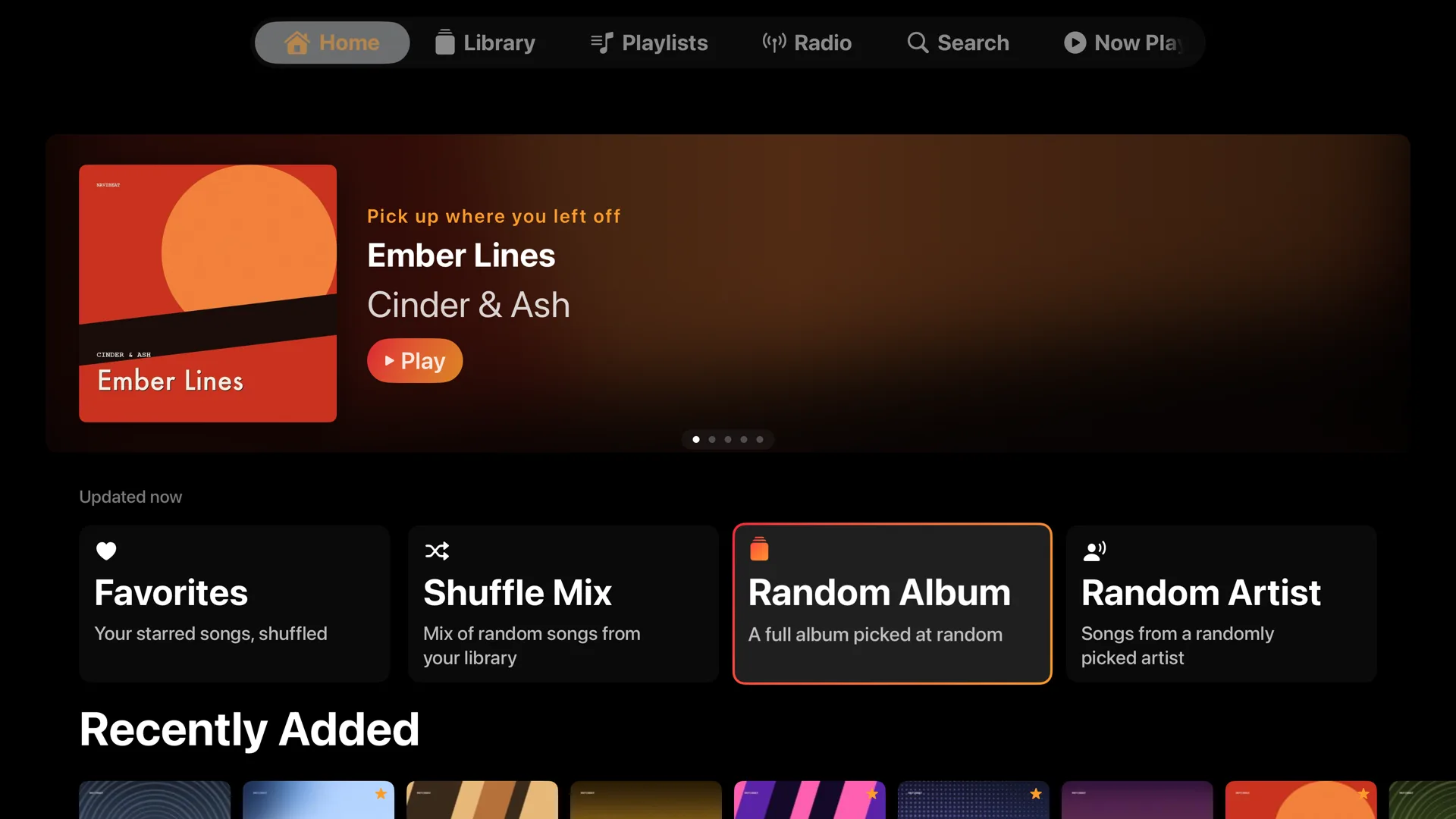 NaviBeat on Apple TV 4K: Home screen with Featured Album hero, Quick Play shelf, and Recently Added row.