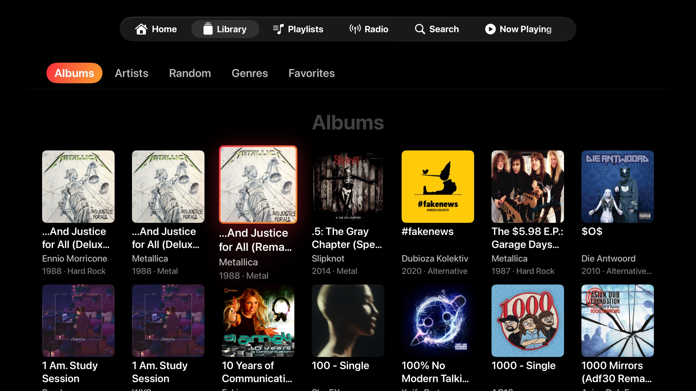 NaviBeat Library view on Apple TV showing the Albums tab with a grid of cover art, artist names, year, and genre metadata pulled from Navidrome.